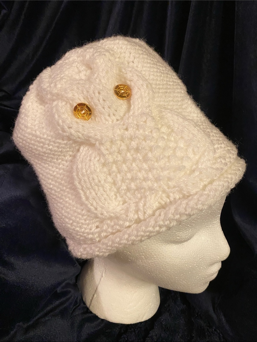 Snow Owl Hand Knit White Hat - one size fits all